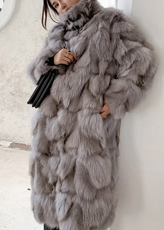 Coffee Fox Collar Pockets Leather and Fur Long Coats Spring