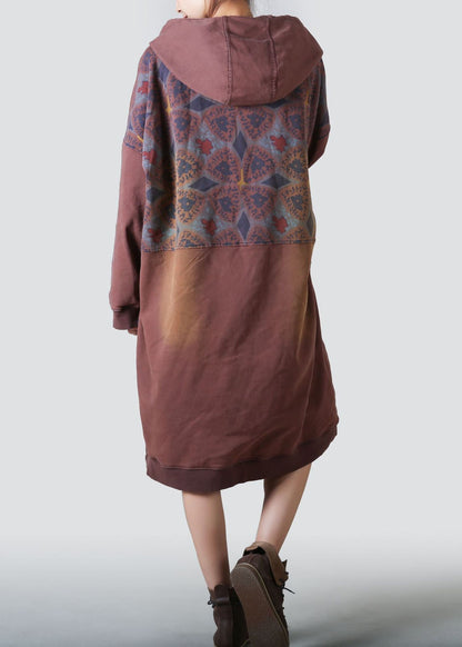 Coffee Hooded Patchwork Print Cotton Dresses Spring
