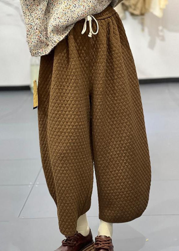Coffee Ling Ge High Waist Cotton Filled Crop Pants Winter
