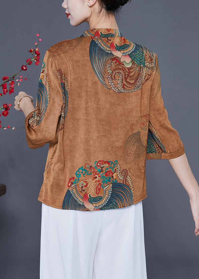 Coffee Mandarin Collar Chinese Button Tassel Print Silk Top Bracelet Sleeve