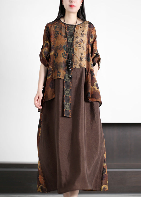 Coffee O-neck Asymmetrical Print Silk Long Dress Summer