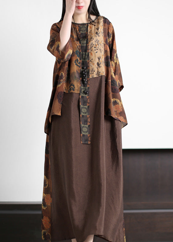 Coffee O-neck Asymmetrical Print Silk Long Dress Summer