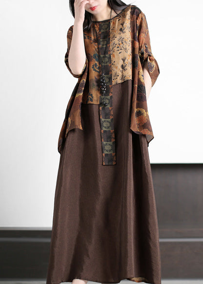 Coffee O-neck Asymmetrical Print Silk Long Dress Summer