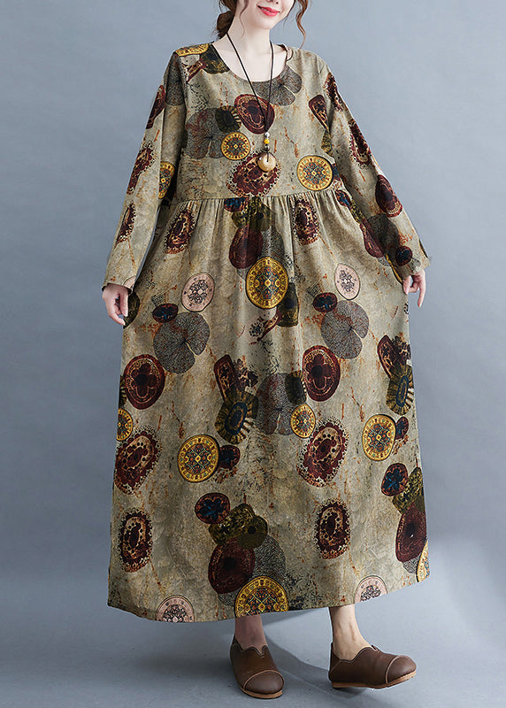 Chocolate O-neck Cinched Pockets Print Robe Dresses Long Sleeve