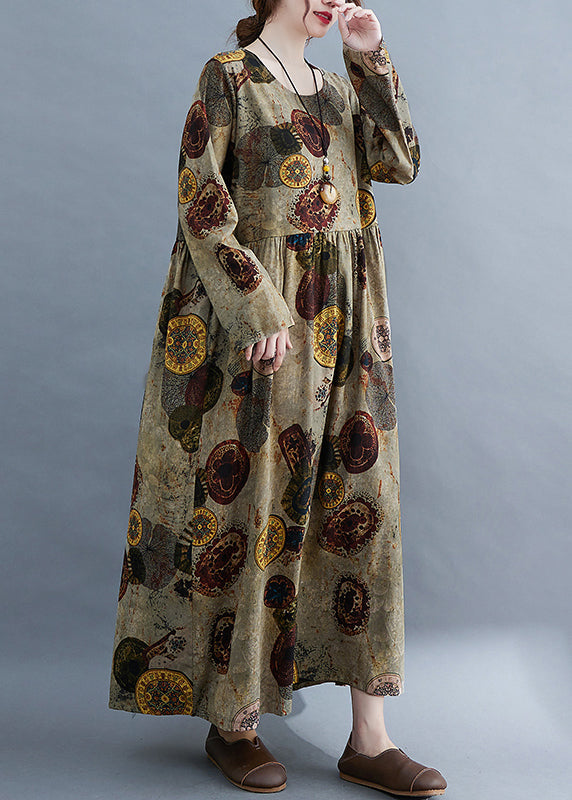 Chocolate O-neck Cinched Pockets Print Robe Dresses Long Sleeve