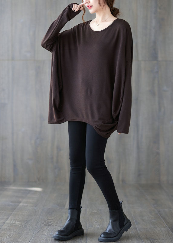 Chocolate O-neck Oversized Cotton Shirt Top Batwing Sleeve