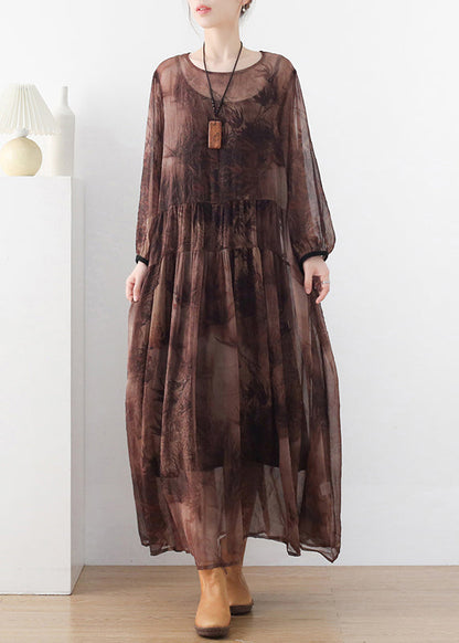 Chocolate O-neck Print Chiffon Long Dress and Spaghetti Strap Dress Two Pieces Set Long Sleeve
