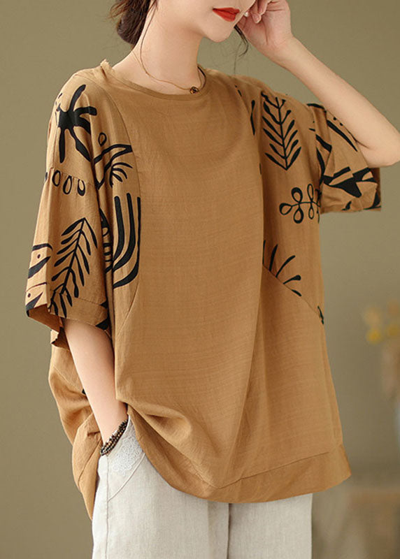 Coffee O-neck Print Cozy Top Summer