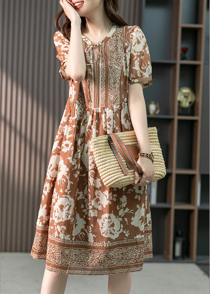 Coffee O-neck Print Patchwork Silk Long Dress Summer