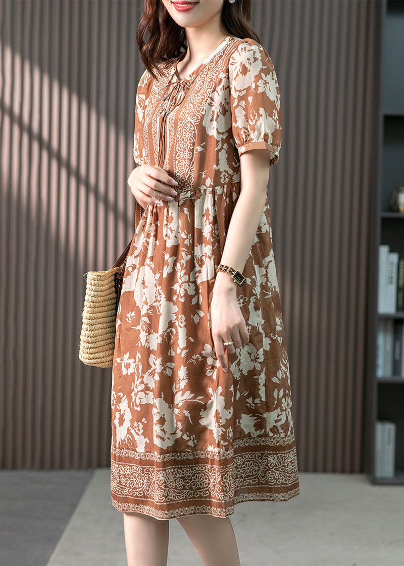 Coffee O-neck Print Patchwork Silk Long Dress Summer