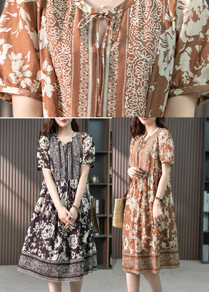 Coffee O-neck Print Patchwork Silk Long Dress Summer