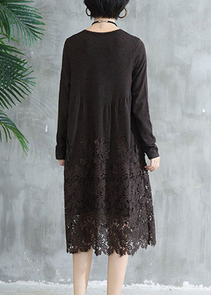 Coffee O Neck Wrinkled Lace Patchwork Knit Dress Fall