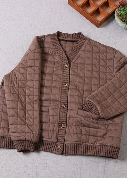Chocolate Patchwork Fine Cotton Filled Jacket in Winter V Neck