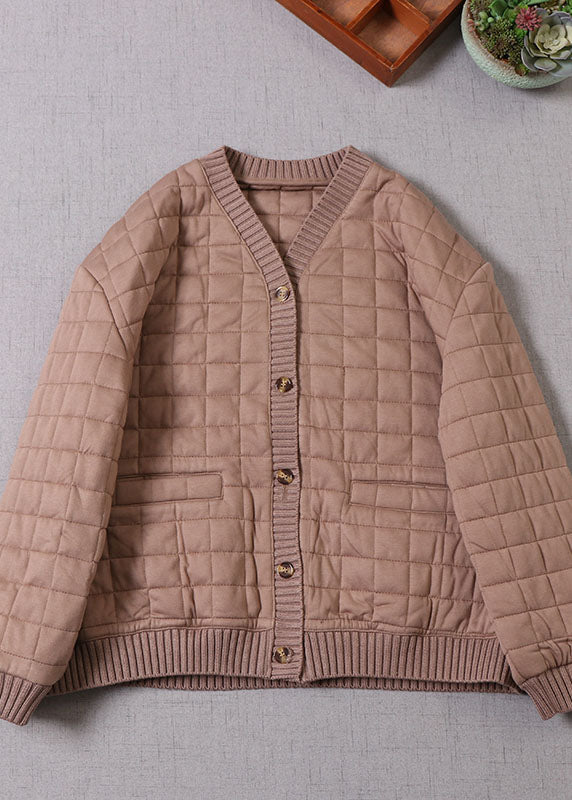 Chocolate Patchwork Fine Cotton Filled Jacket in Winter V Neck