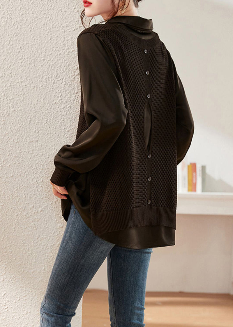Coffee Peter Pan Collar Knit Patchwork Satin Shirts Long Sleeve