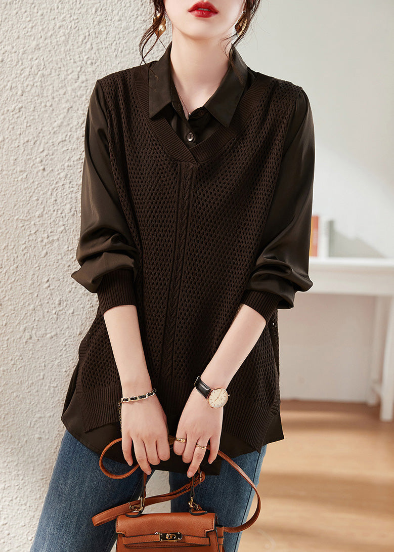 Coffee Peter Pan Collar Knit Patchwork Satin Shirts Long Sleeve