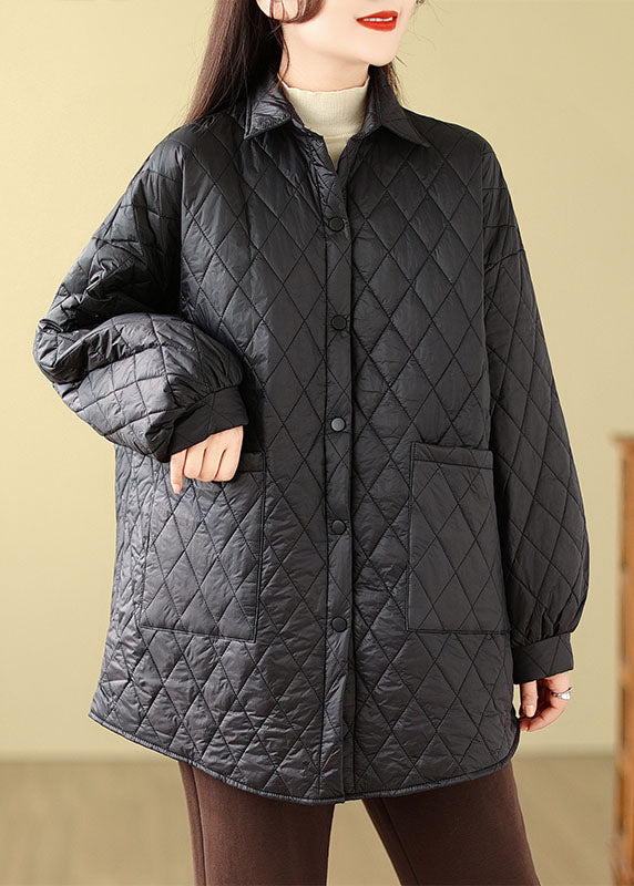 Coffee Peter Pan Collar Pockets Plaid Patchwork Parkas Long Sleeve