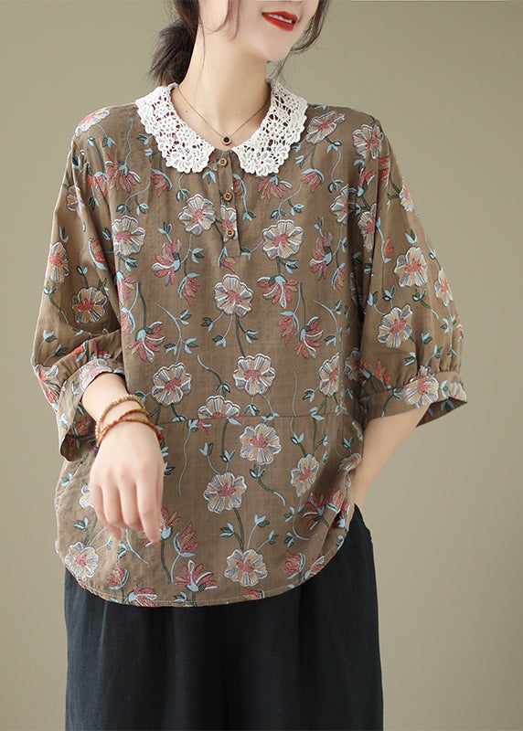 Coffee Peter Pan Collar Print Cotton Shirt Summer