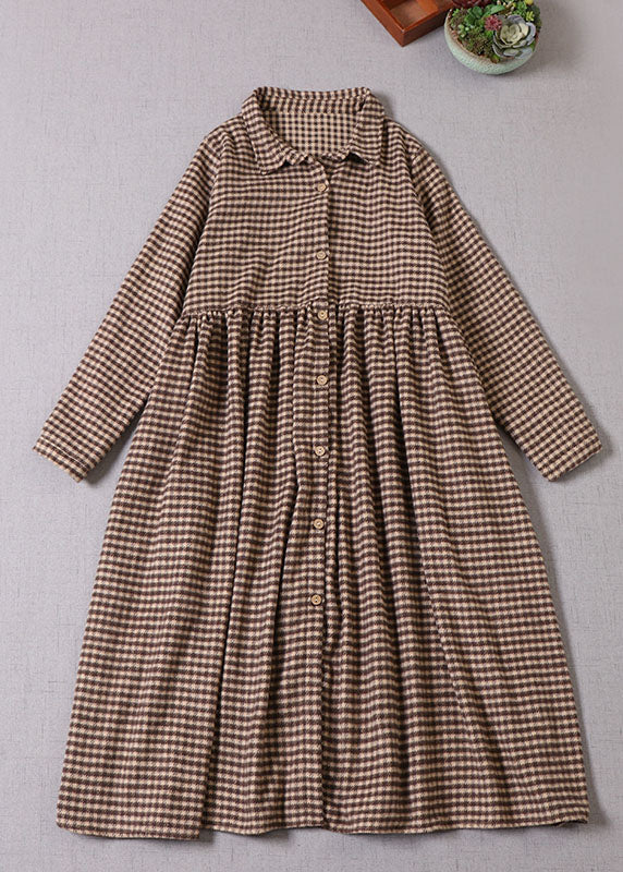 Chocolate Plaid Peter Pan Collar Cotton Dress Winter