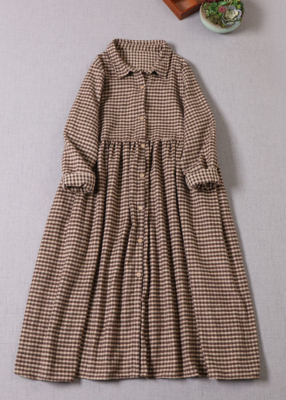 Chocolate Plaid Peter Pan Collar Cotton Dress Winter