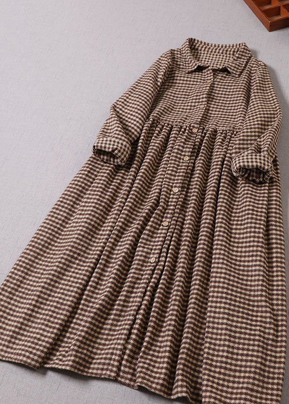 Chocolate Plaid Peter Pan Collar Cotton Dress Winter