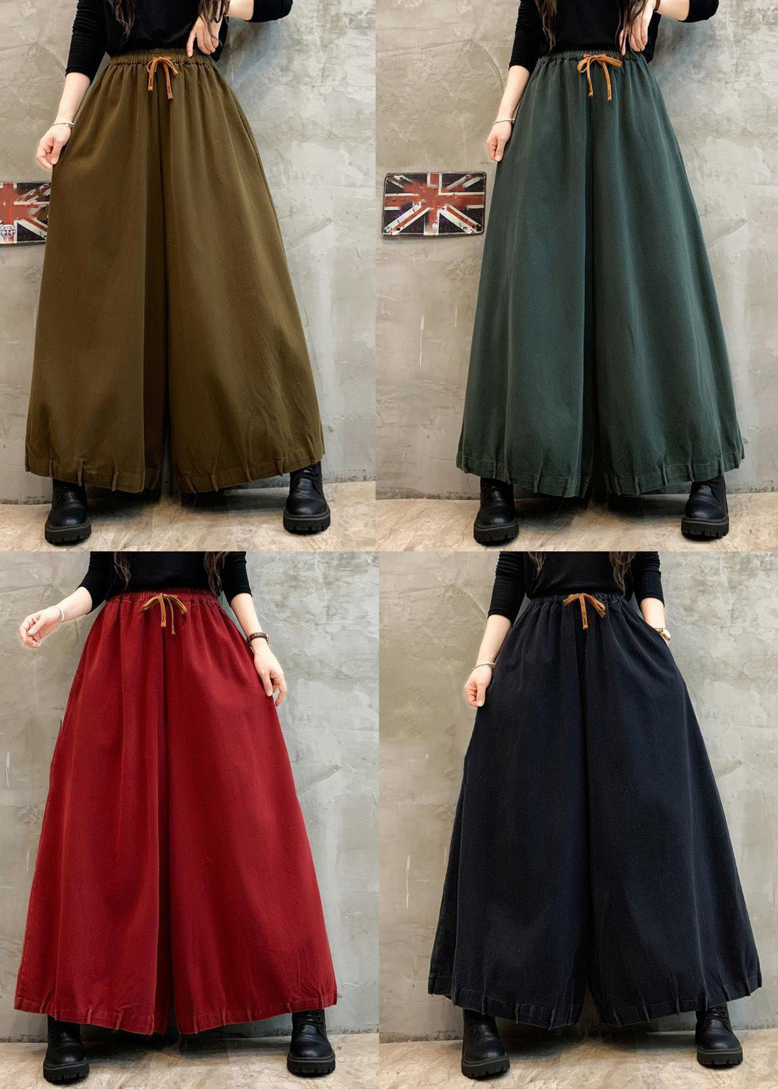 Coffee Pockets Elastic Waist Cotton Crop Pants Spring