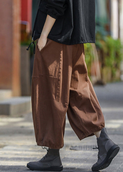 Coffee Pockets Elastic Waistk Cotton Crop Pants Summer