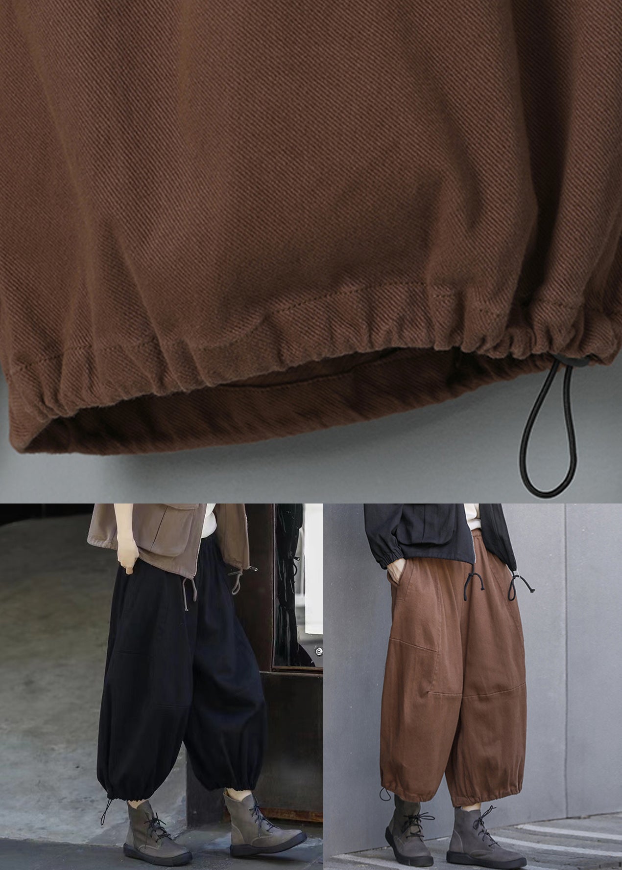 Coffee Pockets Elastic Waistk Cotton Crop Pants Summer