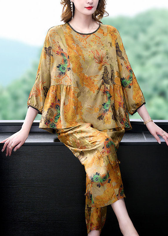 Coffee Print Wrinkled Tops and Pants Silk Two-piece Set Summer