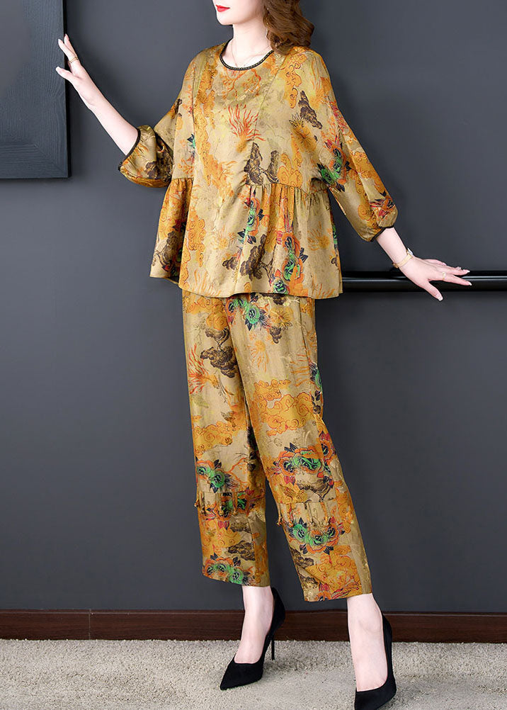 Coffee Print Wrinkled Tops and Pants Silk Two-piece Set Summer