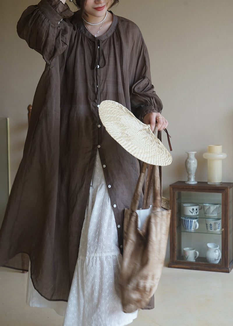 Coffee Ruffled Button Cotton Shirt Long Dresses Long Sleeve