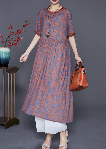 Coffee Ruffled Patchwork Print Silk Long Dresses Summer