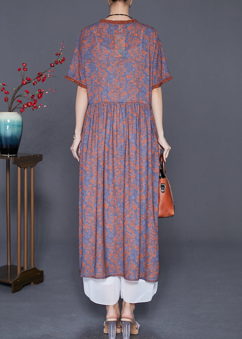 Coffee Ruffled Patchwork Print Silk Long Dresses Summer