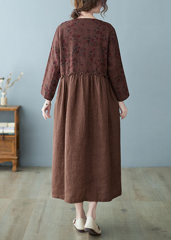 Coffee Ruffled Tie Waist Oriental Linen Dresses Spring