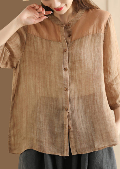 Coffee Stand Collar Button Patchwork Linen Shirts Summer