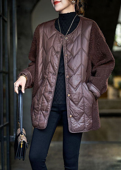 Chocolate Teddy Faux Fur Patchwork Fine Cotton Filled Puffer Jacket Winter