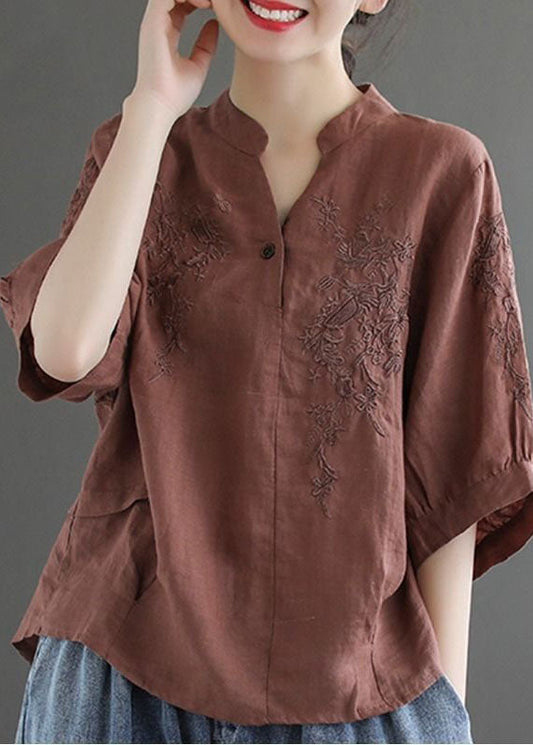 Chocolate V Neck Embroideried Wrinkled Linen Blouse Top Lantern Sleeve