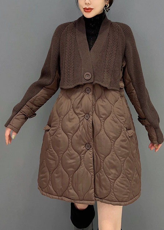 Chocolate V Neck Knit Patchwork Cotton Filled Coats Winter