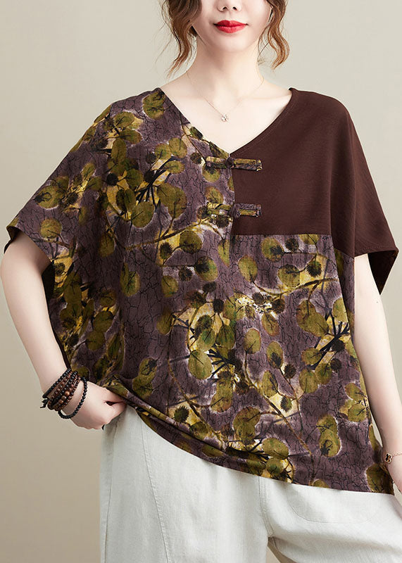 Chocolate V Neck Patchwork Print Oriental Button Cotton Tops Short Sleeve