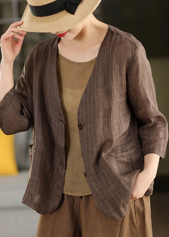 Coffee V Neck Pockets Striped Linen Jacket Summer