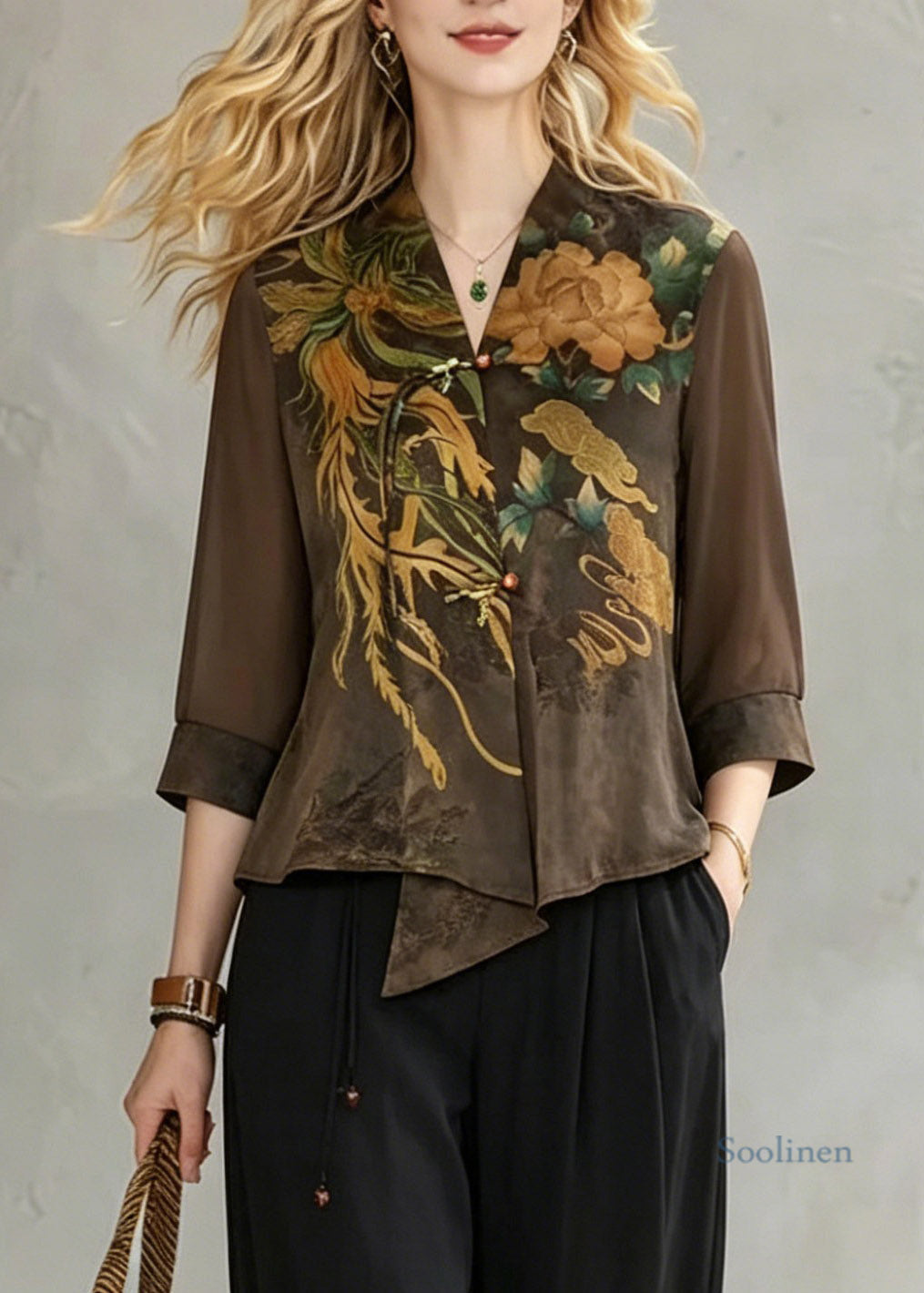 Coffee V Neck Print Chiffon Tops and Crop Pants Fall