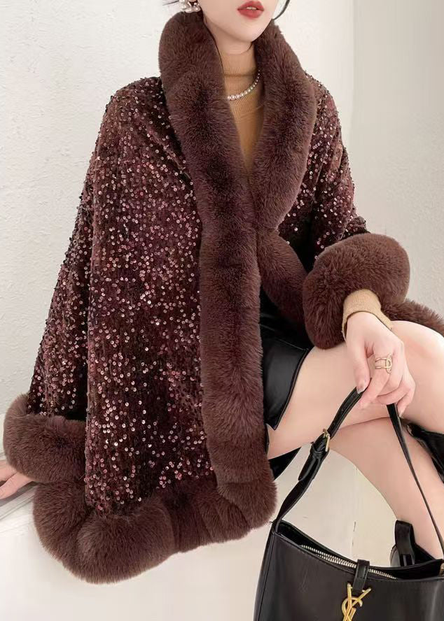 Coffee V Neck Sequins Patchwork Warm Fleece Coat Batwing Sleeve