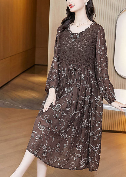 Chocolate Wrinkled Lace Patchwork Chiffon Loose Dresses Long Sleeve