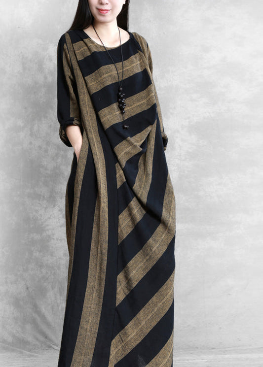 Coffee Yellow Striped Patchwork Long Dress Long Sleeve