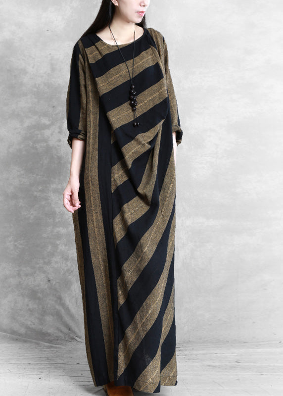 Coffee Yellow Striped Patchwork Long Dress Long Sleeve