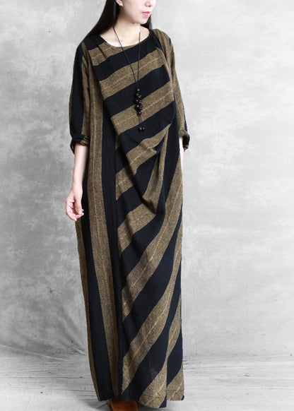 Coffee Yellow Striped Patchwork Long Dress Long Sleeve