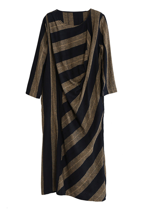 Coffee Yellow Striped Patchwork Long Dress Long Sleeve