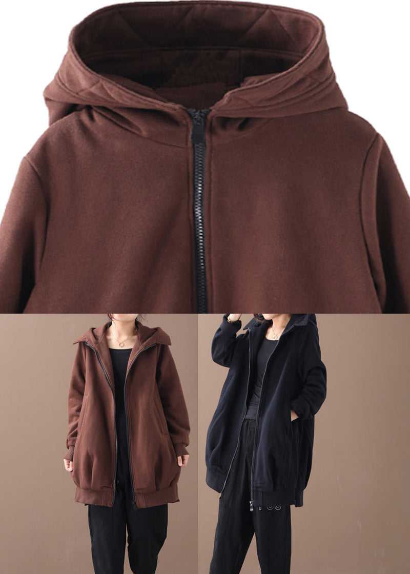 Chocolate Zippered Low High Design Hooded Coats Long Sleeve