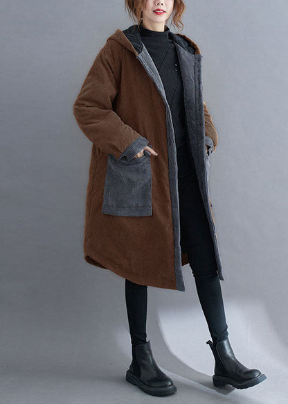 Chocolate Hooded Pockets Winter Jackets Cotton Thick Coats