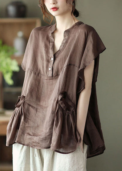 Chocolate Retro Loose Pockets Fall Shirt Tops Short Sleeve
